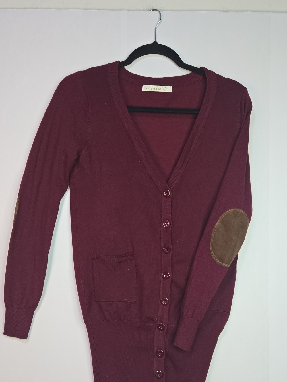 Dreamers Women/Junior Size S Maroon Cardigan With Elbow Patches, Wide Banded Hem